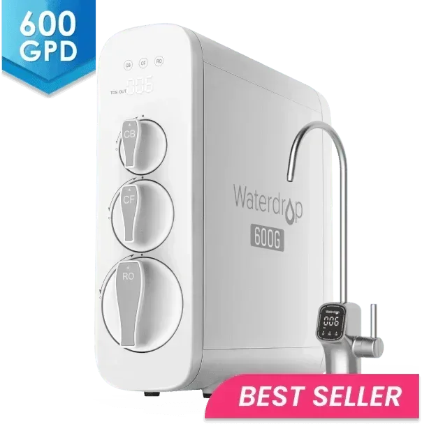 Green Vista Living Waterdrop G3P600 reverse osmosis water filtration system with NSF/ANSI certifications, shown in the image.