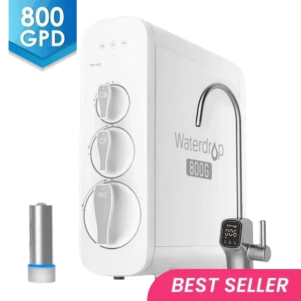 Green Vista Living Waterdrop G3P800 tankless RO system with UV sterilizing light, NSF/ANSI certified for clean, purified water.