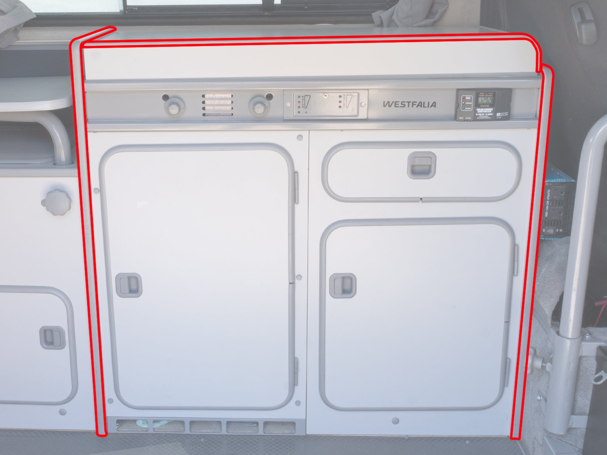 GoWesty cabinetry edge molding for Vanagon Westfalia, 25 feet, shown installed in the galley area of the camper van.