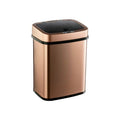HomePacific 3-gallon motion sensor stainless steel trash can with copper gold finish, touchless lid, and compact kitchen design.