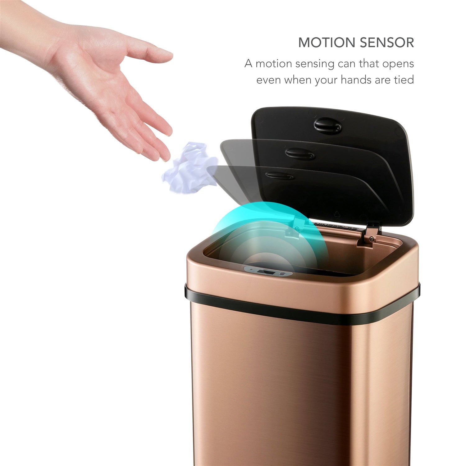 HomePacific 3-gallon motion sensor touchless stainless steel trash can in copper gold finish, ideal for modern kitchens.