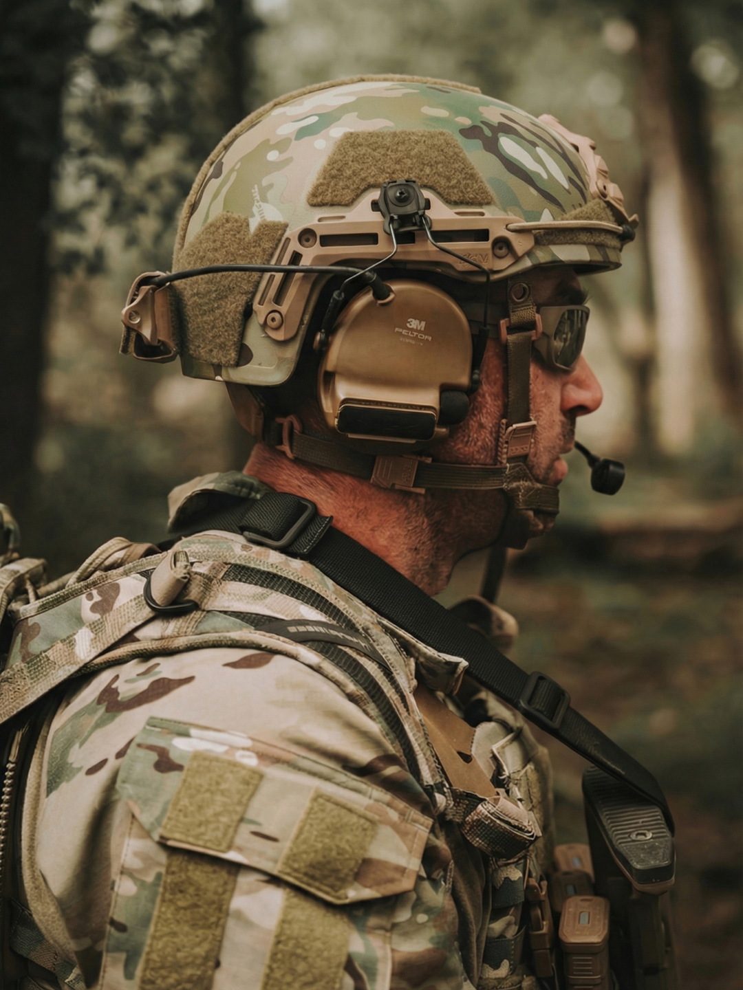 Hard Head Veterans ATE GEN2 Ballistic Helmet NIJ IIIA high-cut helmet in Multi-Cam with adjustable straps and padding.