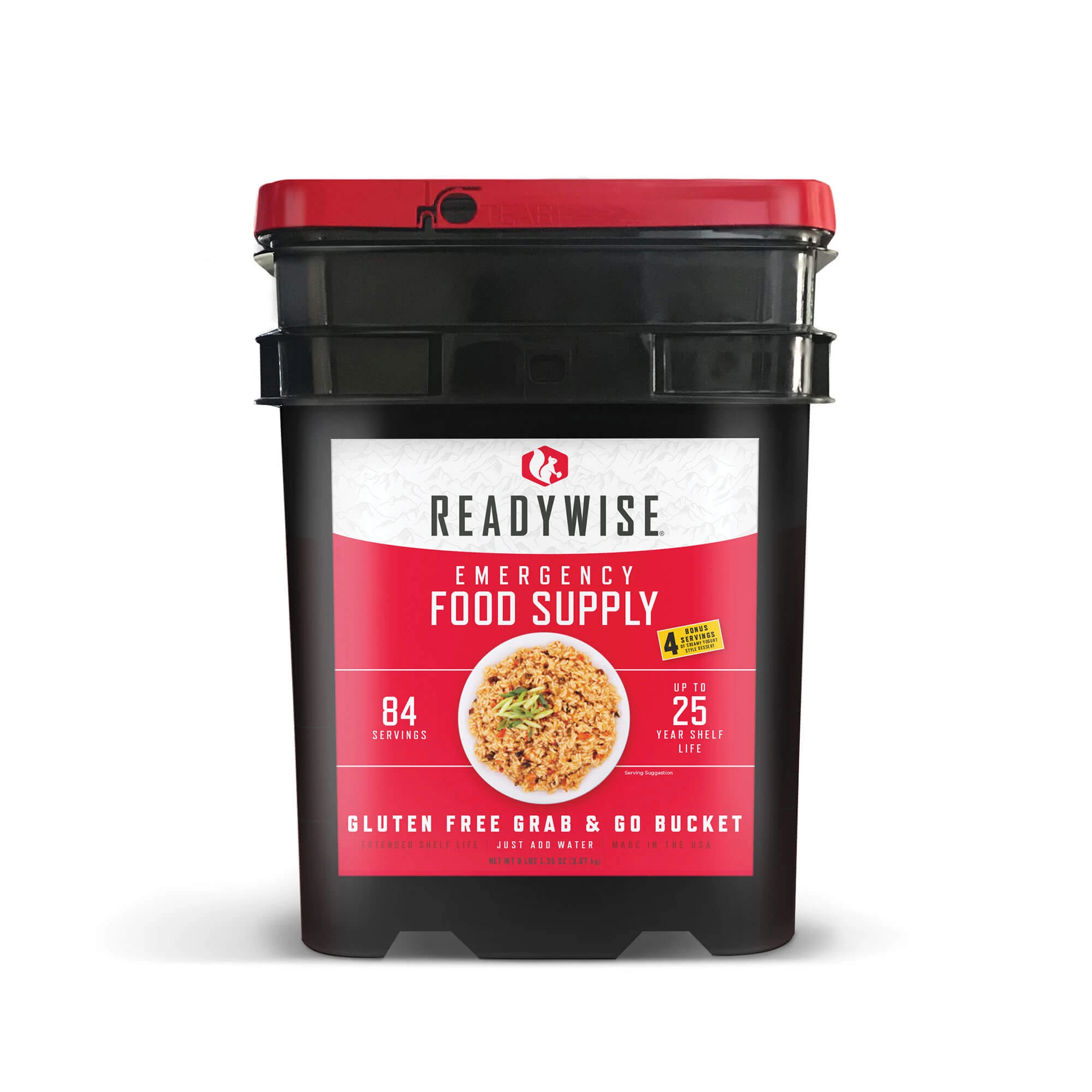 Gluten-free 84-serving grab-and-go bucket with food and water supplies for emergency preparedness by Quakekits.com