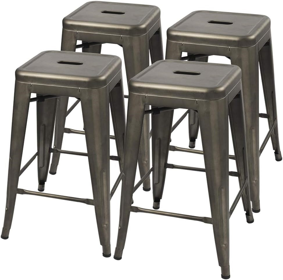 Set of four gunmetal grey metal barstools with backless design, stacking for indoor and outdoor dining, by HomePacific.