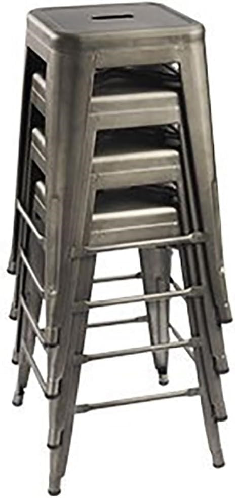 Set of four gunmetal grey metal barstools with backless, stacking design for indoor or outdoor dining spaces.