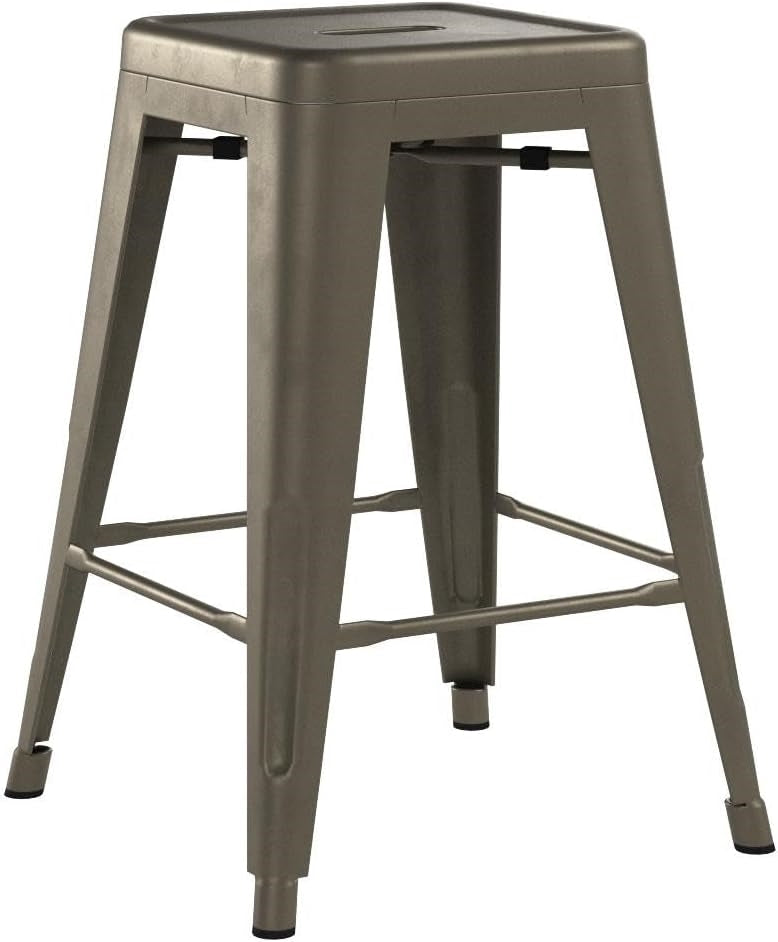 Set of four gunmetal grey metal barstools with backless design, stacking for indoor and outdoor dining spaces.