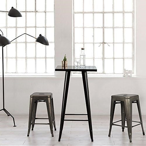 Set of four gunmetal grey metal backless stacking barstools for indoor or outdoor dining, 24-inch height, by HomePacific.