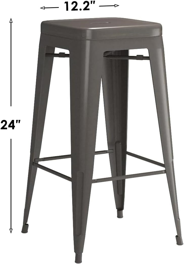 Set of four gunmetal grey metal backless stacking barstools for indoor and outdoor dining, with a sleek, modern design.