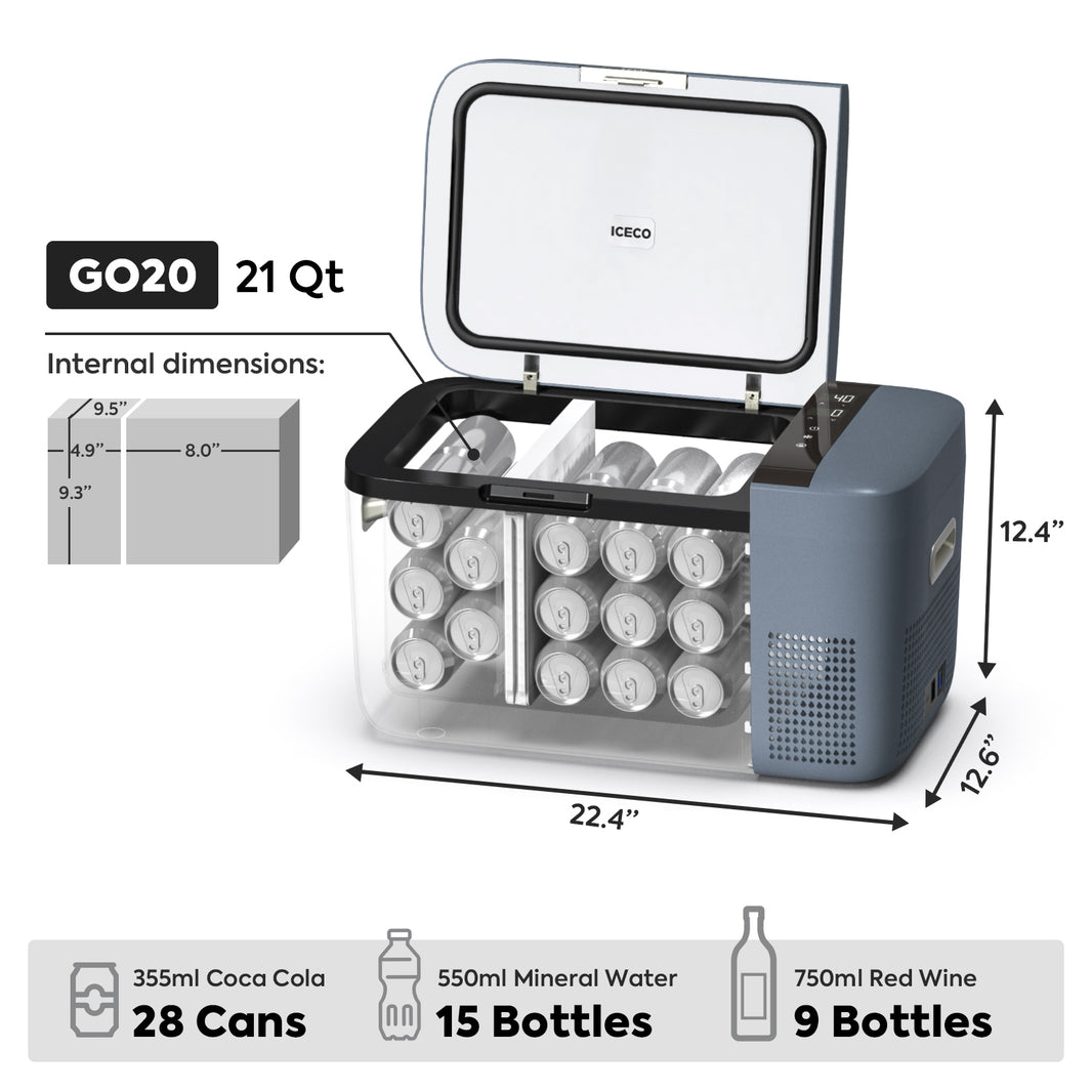 Inca Overland GO20 Dual Zone 12V portable freezer with 20L capacity, featuring dual temperature zones and compact design.