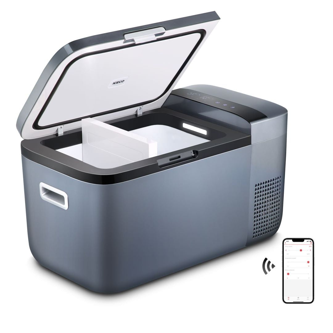 Inca Overland GO20 Dual Zone 12V portable freezer from ICECO, showing open lid and 20-liter capacity with dual temperature zones.