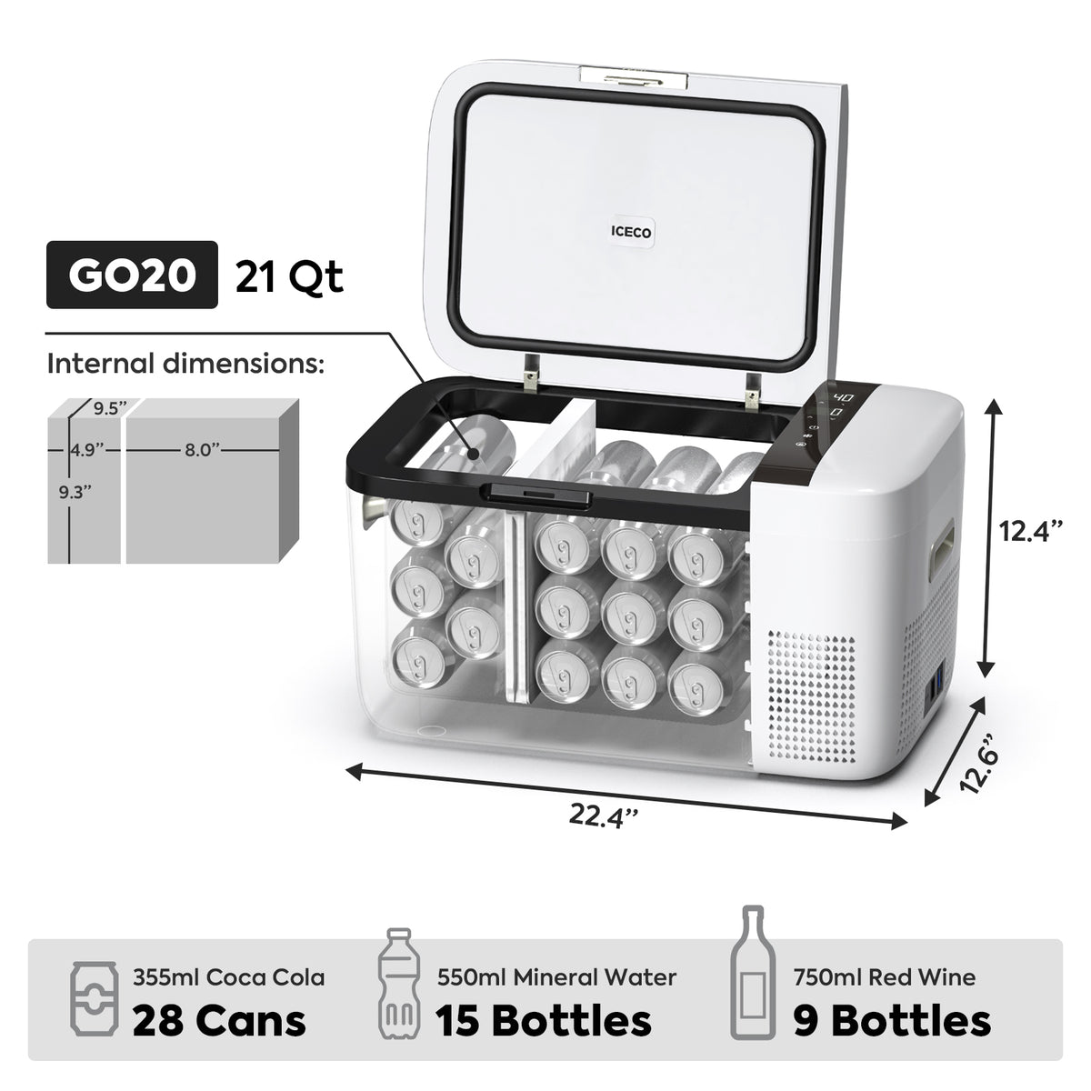 Inca Overland Outfitters GO20 Dual Zone 12V portable freezer from ICECO's GO Series, showing the compact 20-liter design and dual temperature zones.