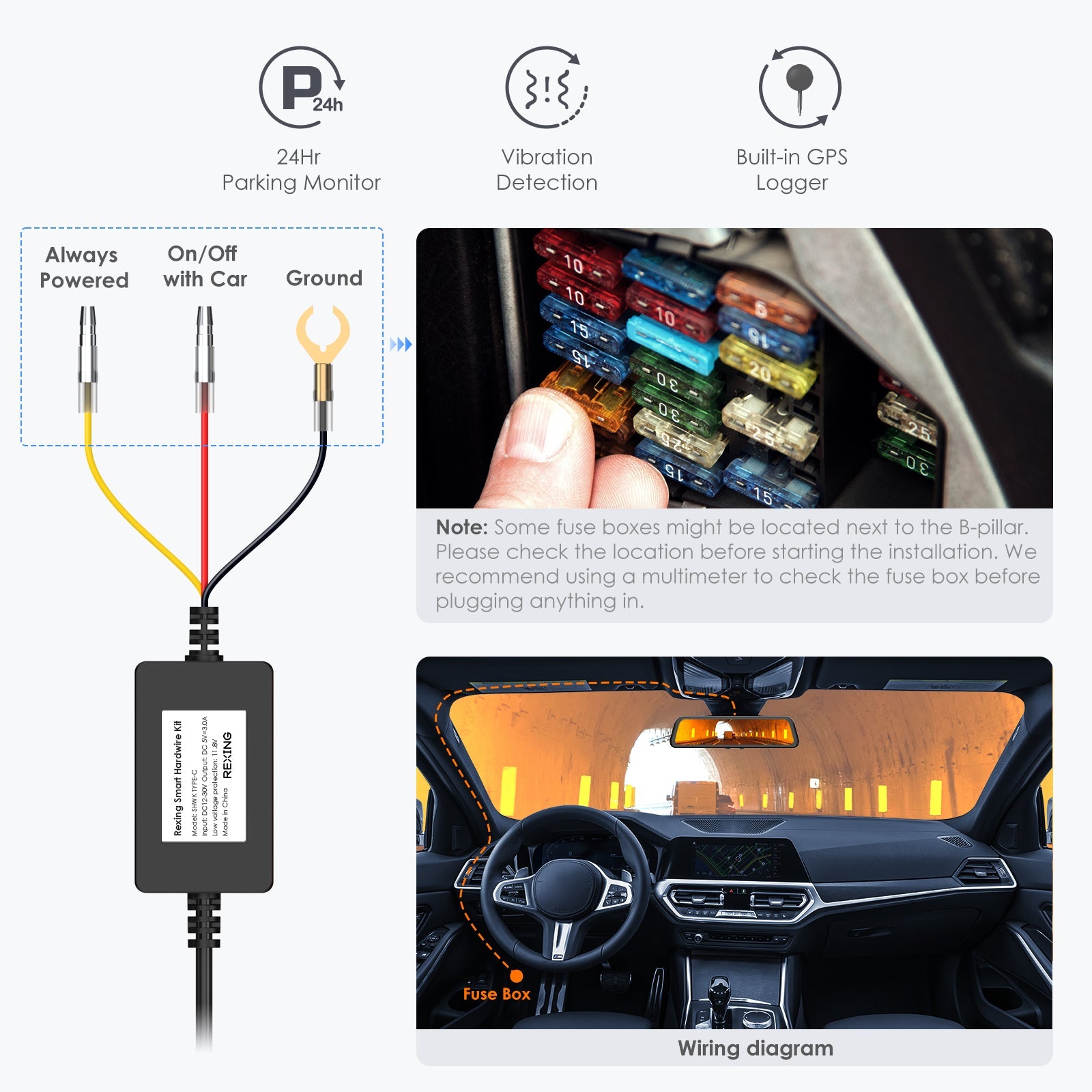 Rexing GPS Smart Hardwire Kit with Type-C power cable, fuse tap, and installation tool for R4, L4, and RH2 dash cams.
