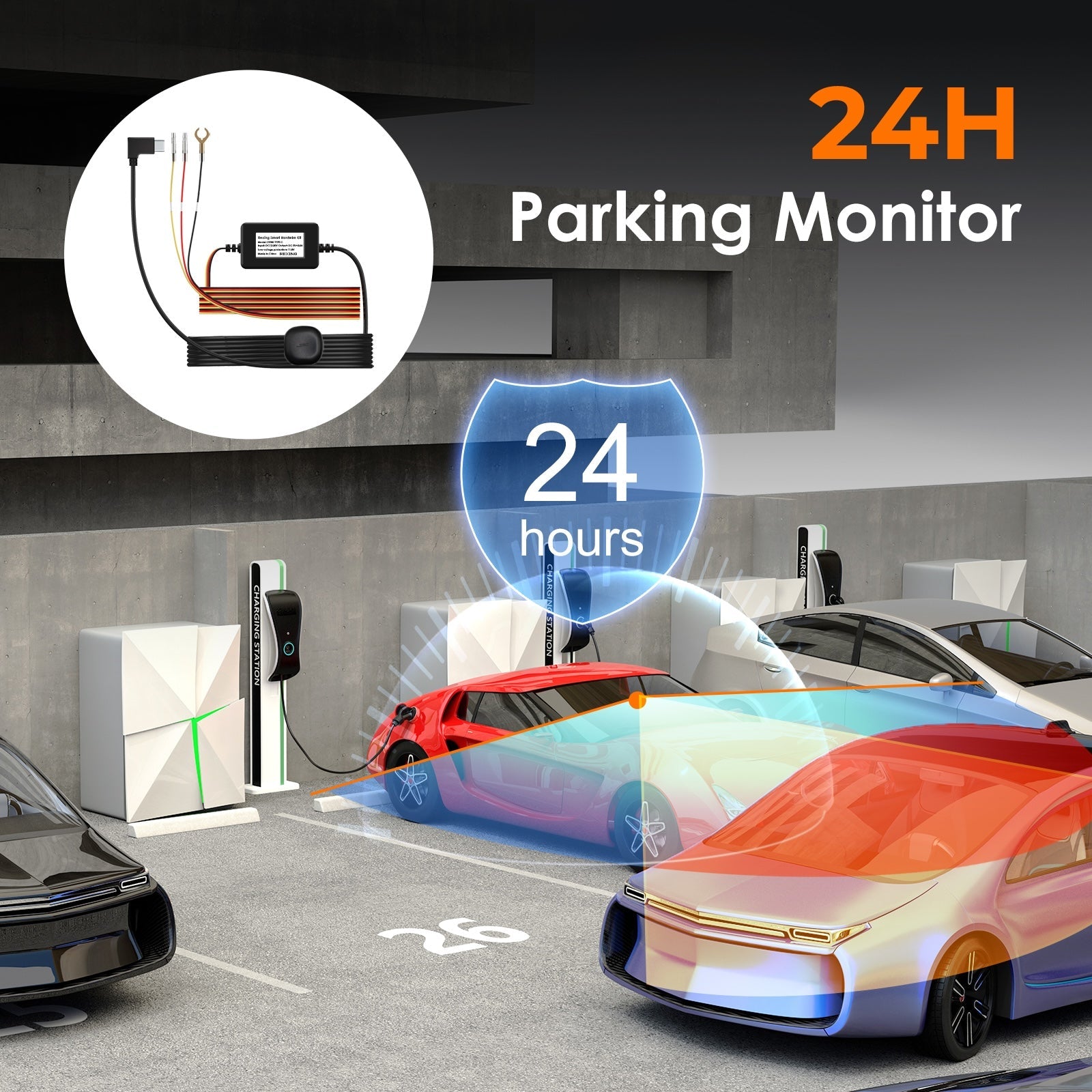 Rexing dash cam hardwire kit with GPS logger, Type-C power cord, fuse tap, and installation tool for R4, L4, and RH2 series.