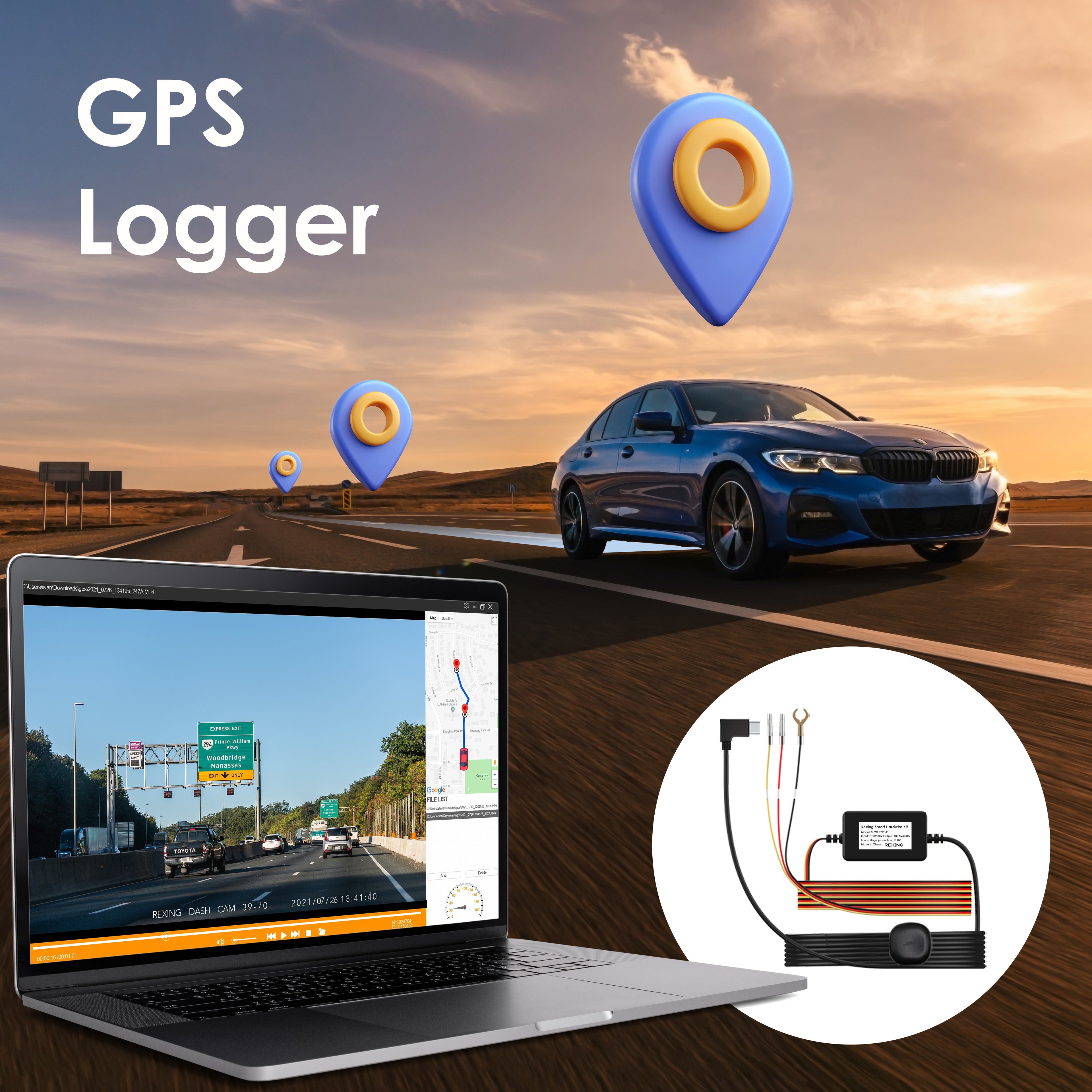 Rexing dash cam smart hardwire kit with GPS logger, Type-C power cord, fuse tap, and installation tool for R4, L4, RH2 series.