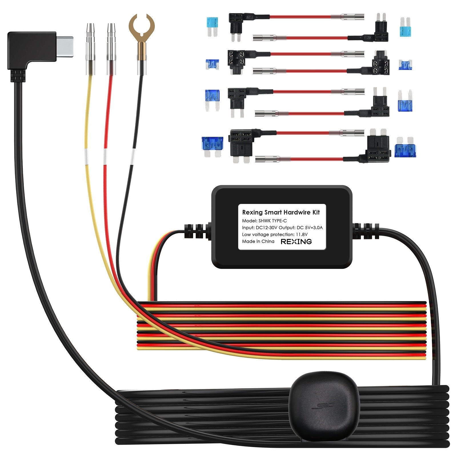 Rexing dash cam hardwire kit with GPS logger, Type-C power cord, fuse tap cable, and installation tool for R4, L4, RH2 series.