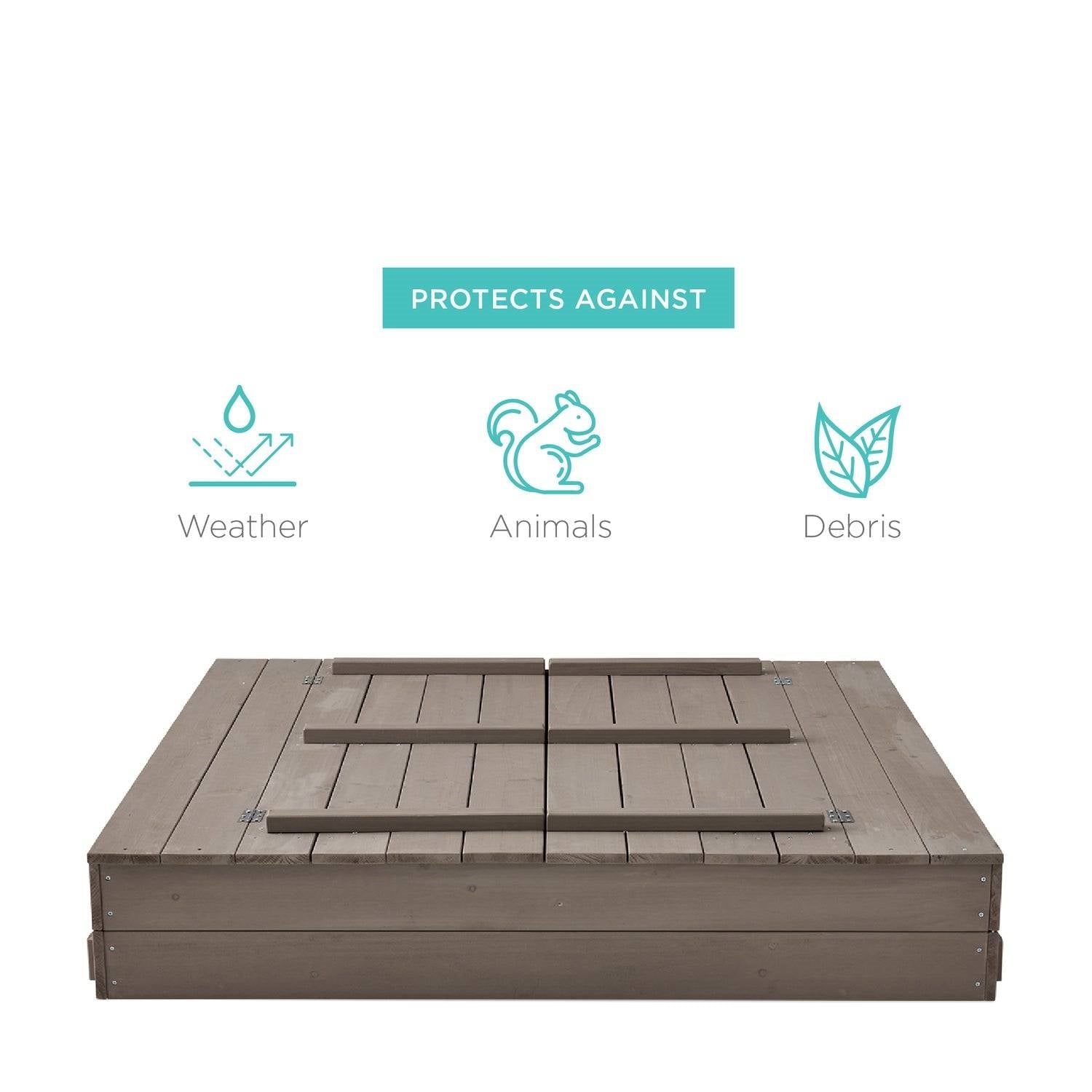 Gray cedar wood outdoor kids sandbox with built-in benches, designed for garden use and outdoor play.