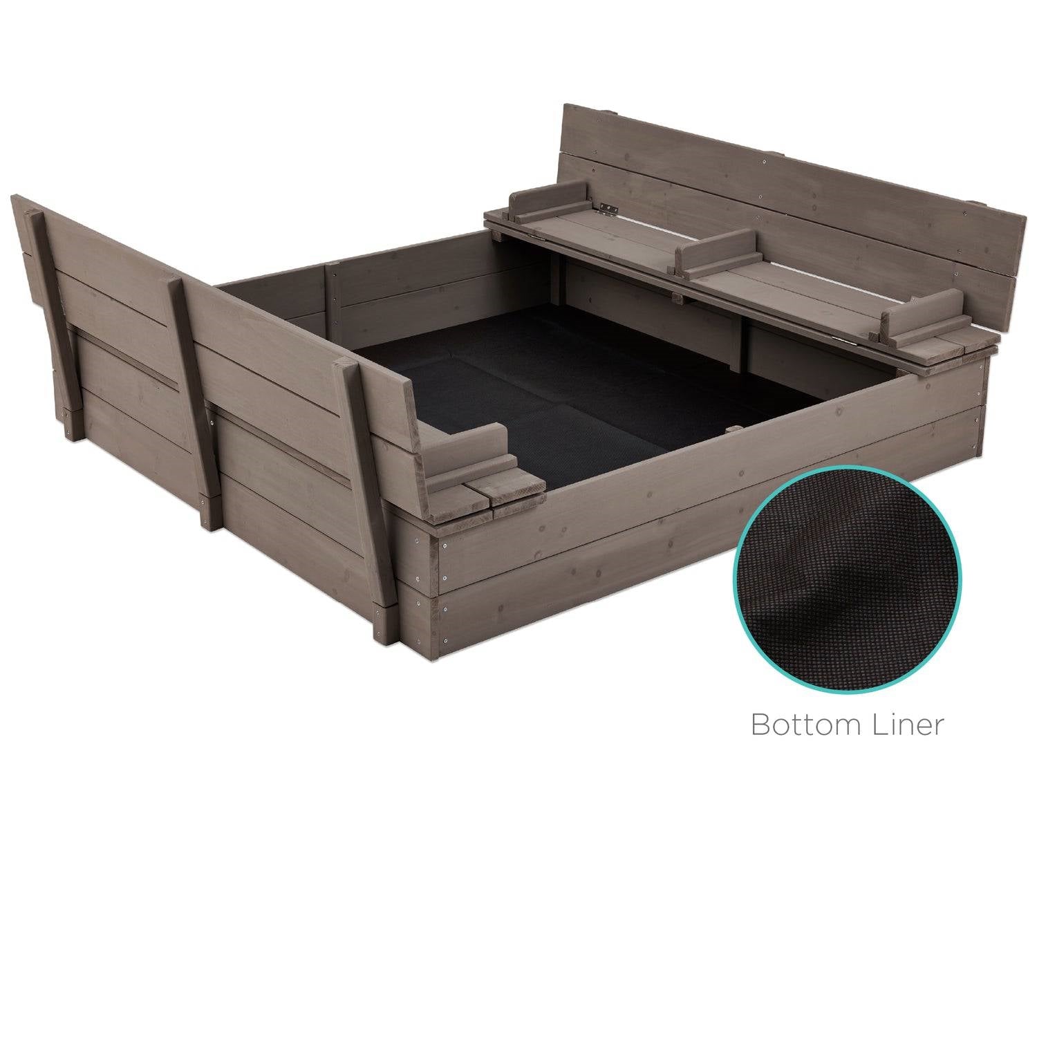Children's outdoor sandbox made of sturdy cedar wood with built-in benches in a grey finish, perfect for garden play areas.