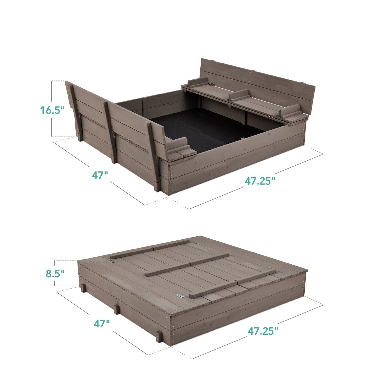 Grey cedar wood kids outdoor sandbox with built-in benches, designed for outdoor garden play and durable outdoor furniture.