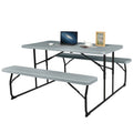 Grey folding picnic table with two matching benches for outdoor patio dining, made by HomePacific.