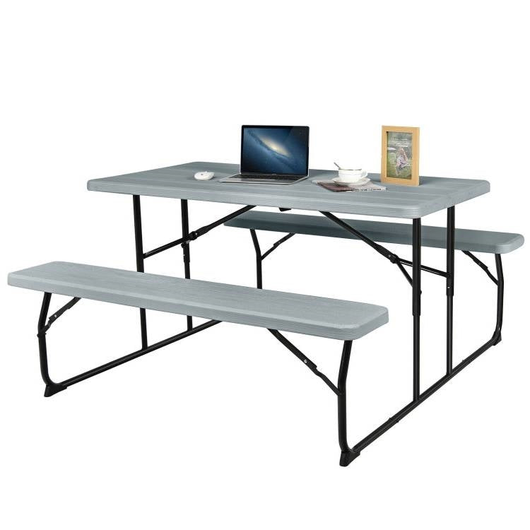 Grey folding picnic table with two matching benches for outdoor patio dining, made by HomePacific.