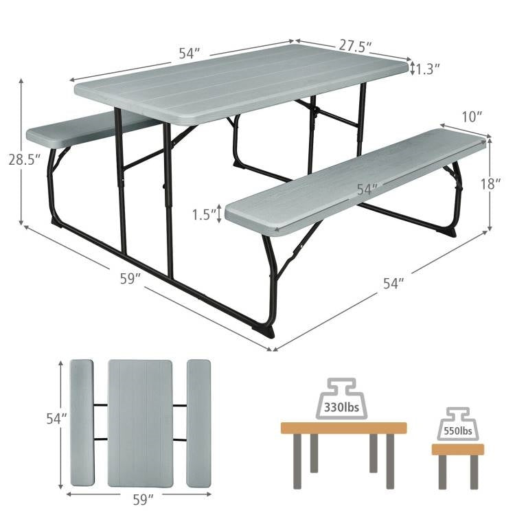 Grey folding picnic table with two benches, outdoor patio dining set by HomePacific, suitable for outdoor gatherings and meals.