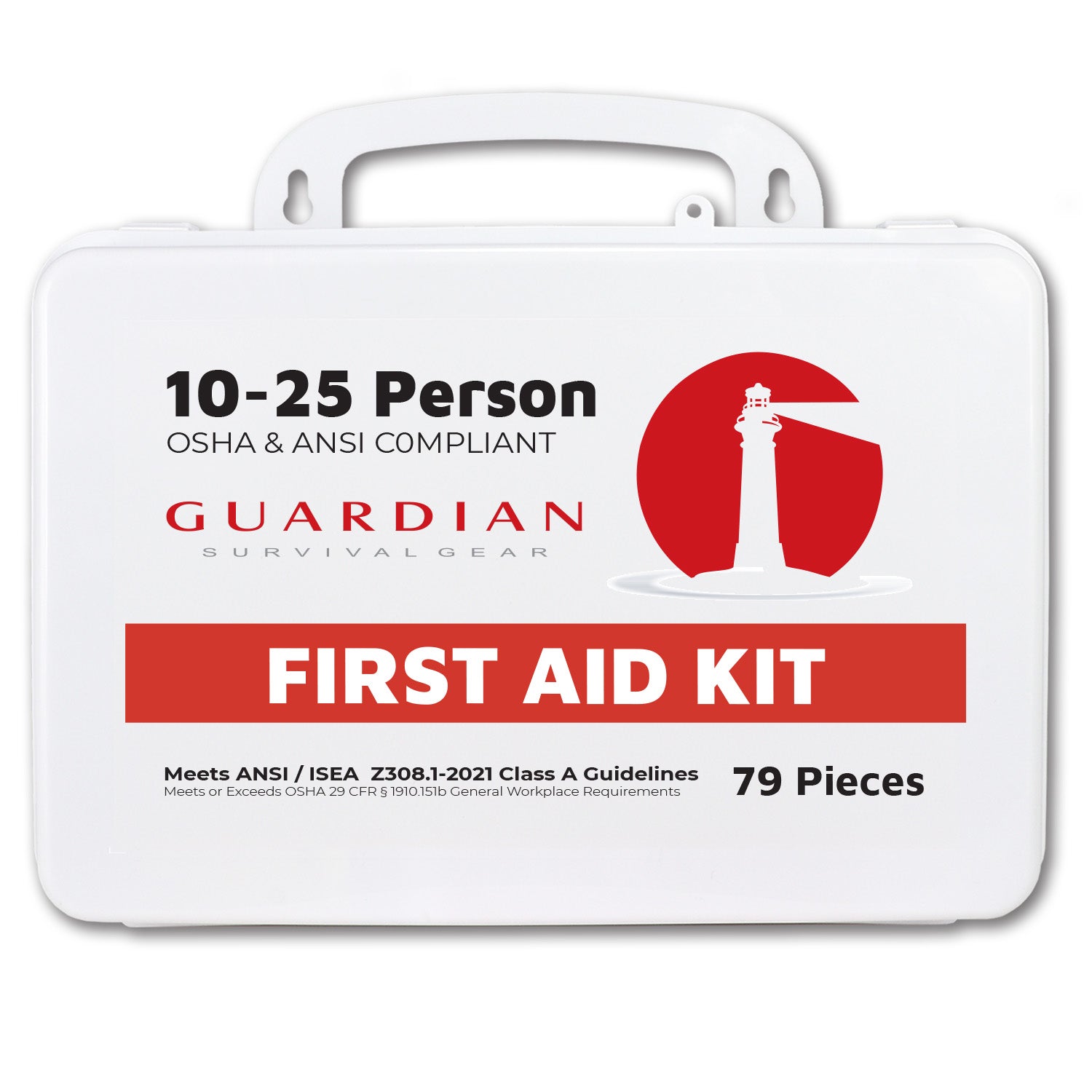 First aid kit for 10-25 people with handle, containing emergency supplies, from quakekits.com for group safety and medical needs.
