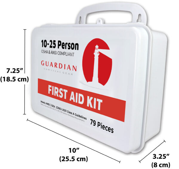 Large 10-25 person first aid kit with various supplies in a sturdy case for emergency medical needs.