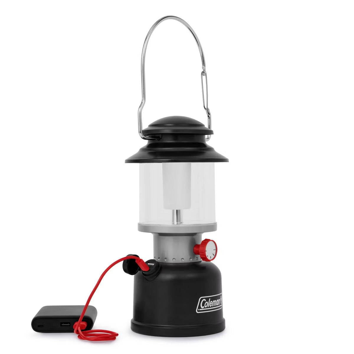 Black Coleman lantern with red cord on a white background