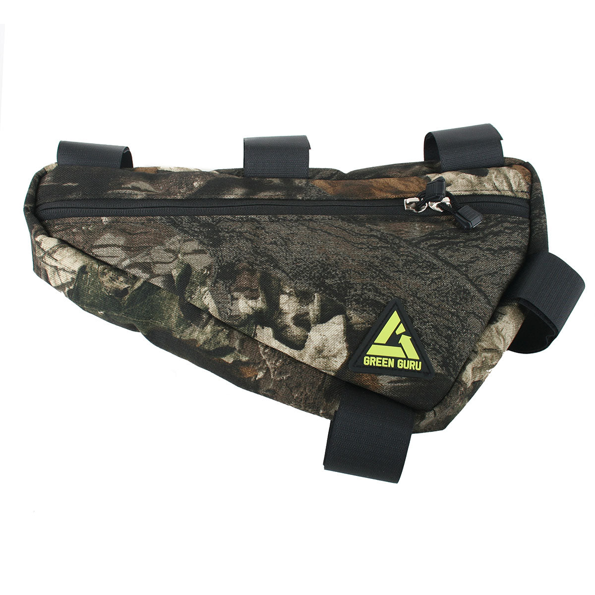 Large Green Guru Upshift frame bag by ZEITBIKE with camouflage design, ideal for bike storage, mounted on a bicycle frame.