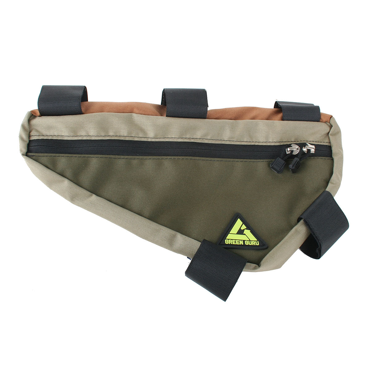 Large Green Guru Upshift frame bag by ZEITBIKE, mounted on a bicycle frame, made of durable green material for bike storage.