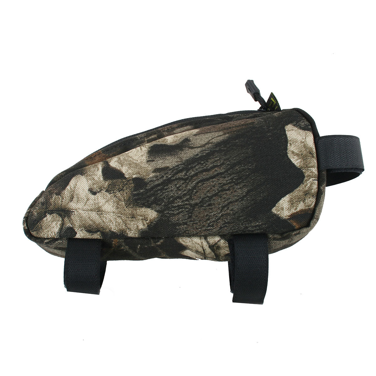 Green Guru Tanker Top Tube Bag by ZEITBIKE, camouflage design, compact storage for bikes, mounted on a bicycle frame tube.