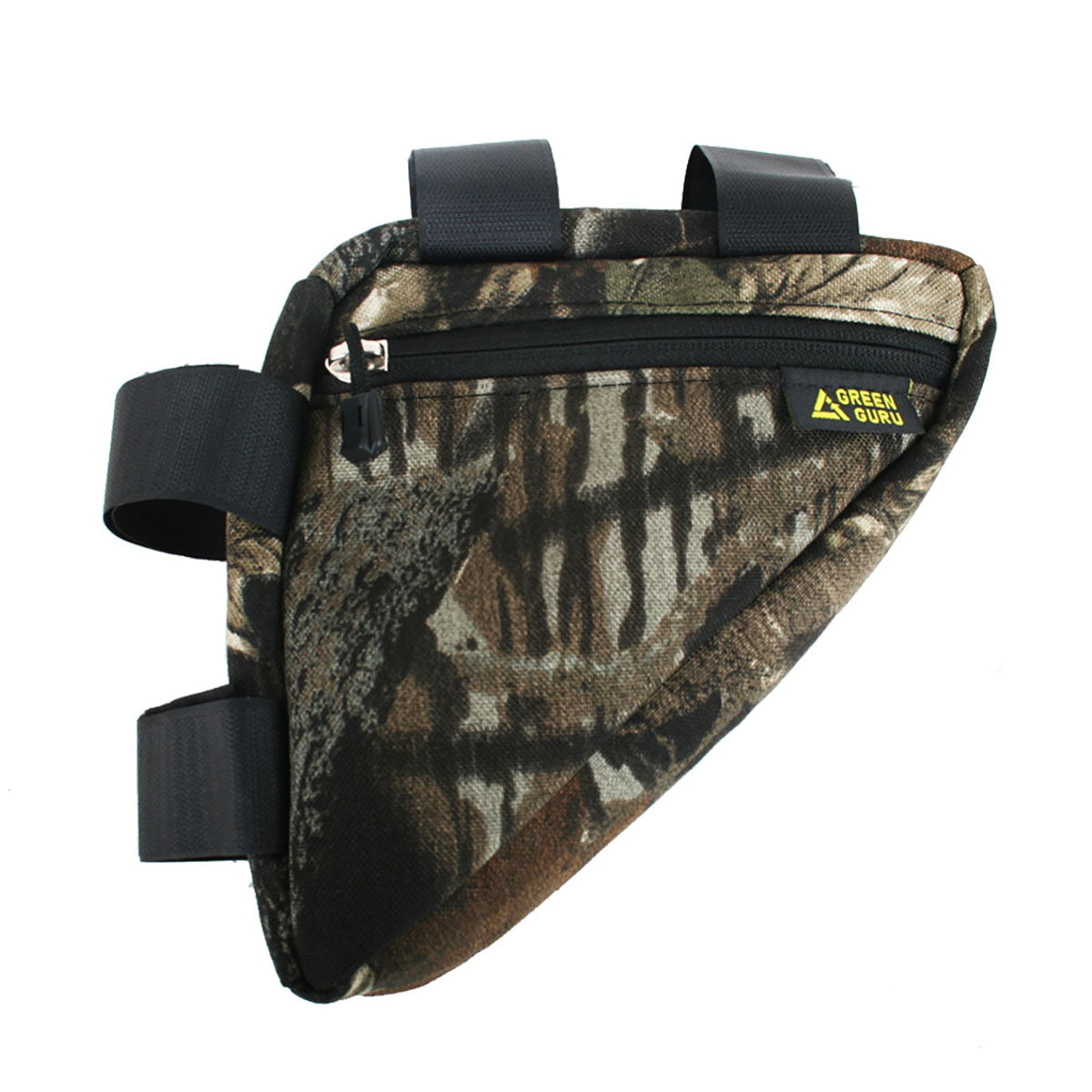 Green Guru Gripster Triangle Frame Bag by ZEITBIKE, medium-sized camouflage bicycle bag attached to a bike frame.