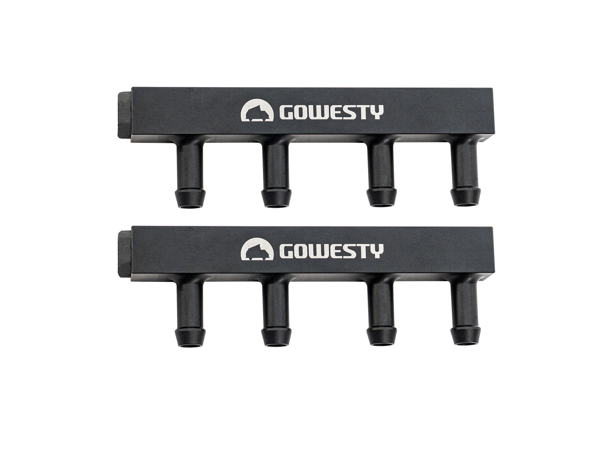 GoWesty aluminum fuel rail set with hex bolts for automotive fuel system, featuring a sleek metallic finish and precise engineering.