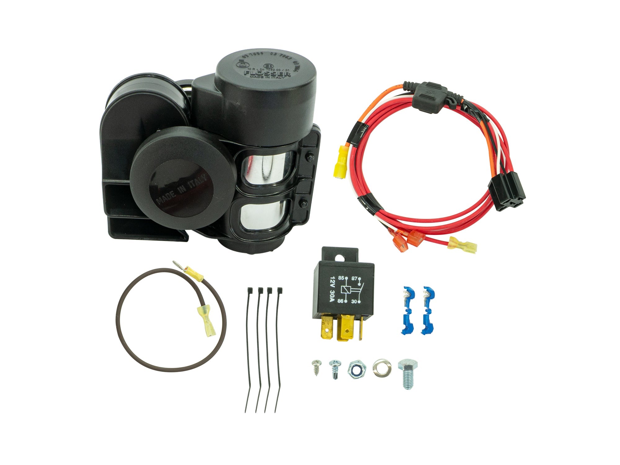 GoWesty Air Horn Kit bundle with black and chrome horns, mounting hardware, and wiring for vehicle horn enhancement.
