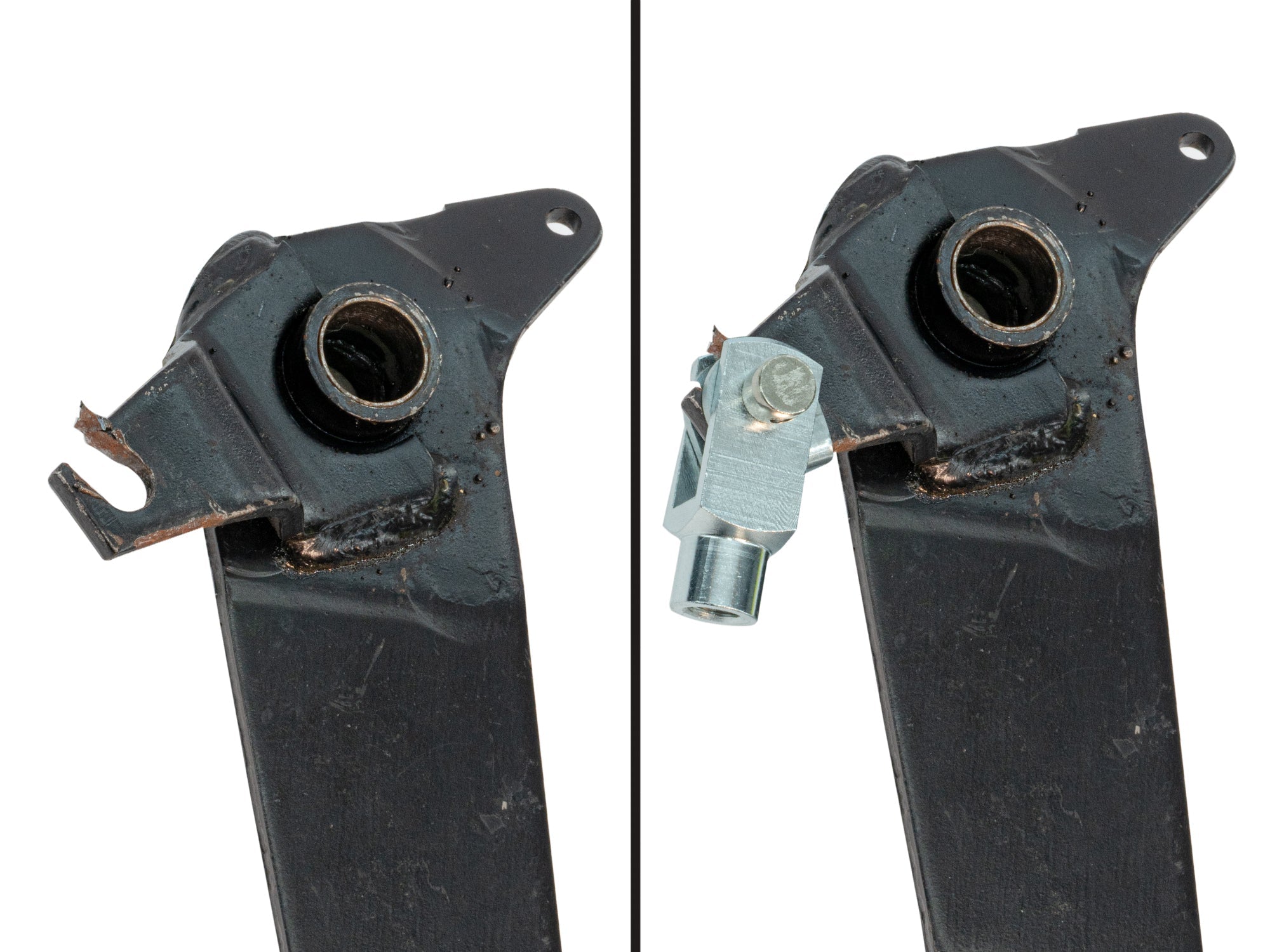 GoWesty clutch pedal fix kit showing before and after installation on vehicle's clutch pedal for improved function.