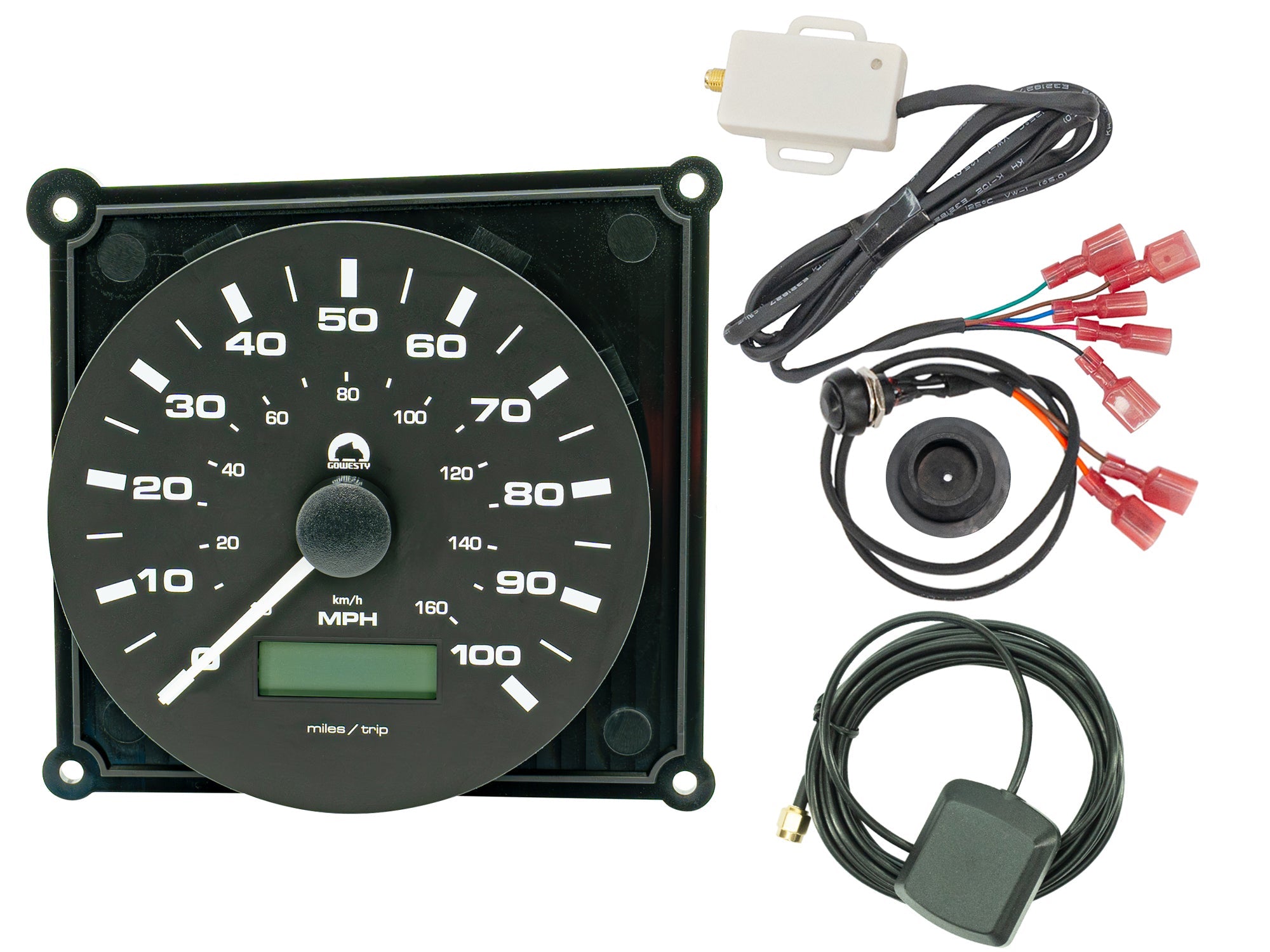 GoWesty electronic speedometer kit for Vanagon, showing digital display and wiring components for vehicle speed measurement.