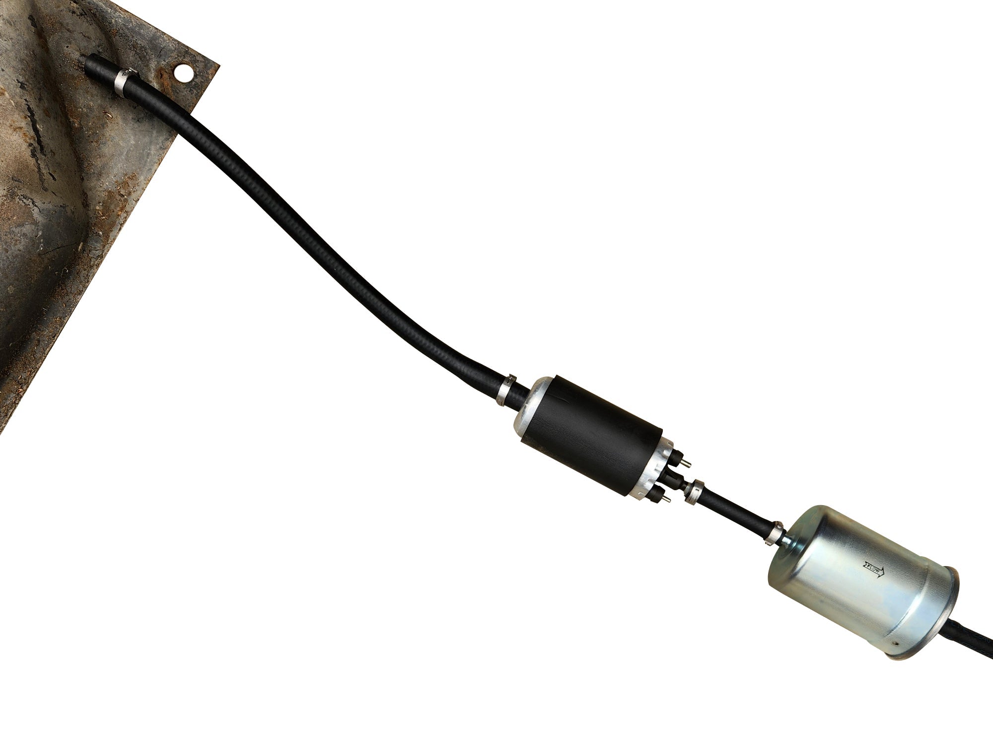 GoWesty Vanagon fuel filter upgrade kit with installed filter and hoses, ready for installation in a Vanagon vehicle.