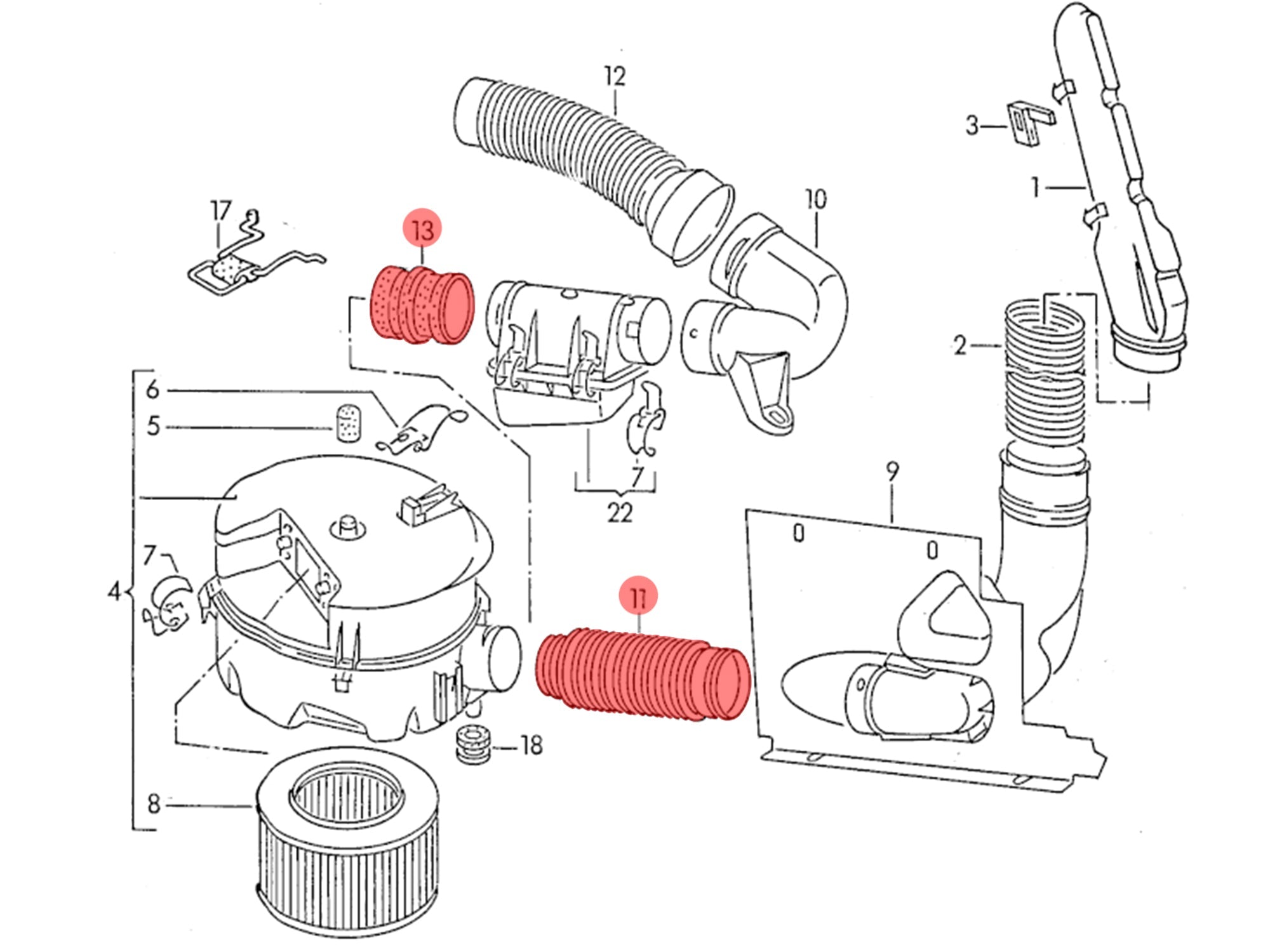 Diagram of GoWesty Air Intake Hose for late Vanagon 2WD and Syncro models, showing connection points and hose layout.