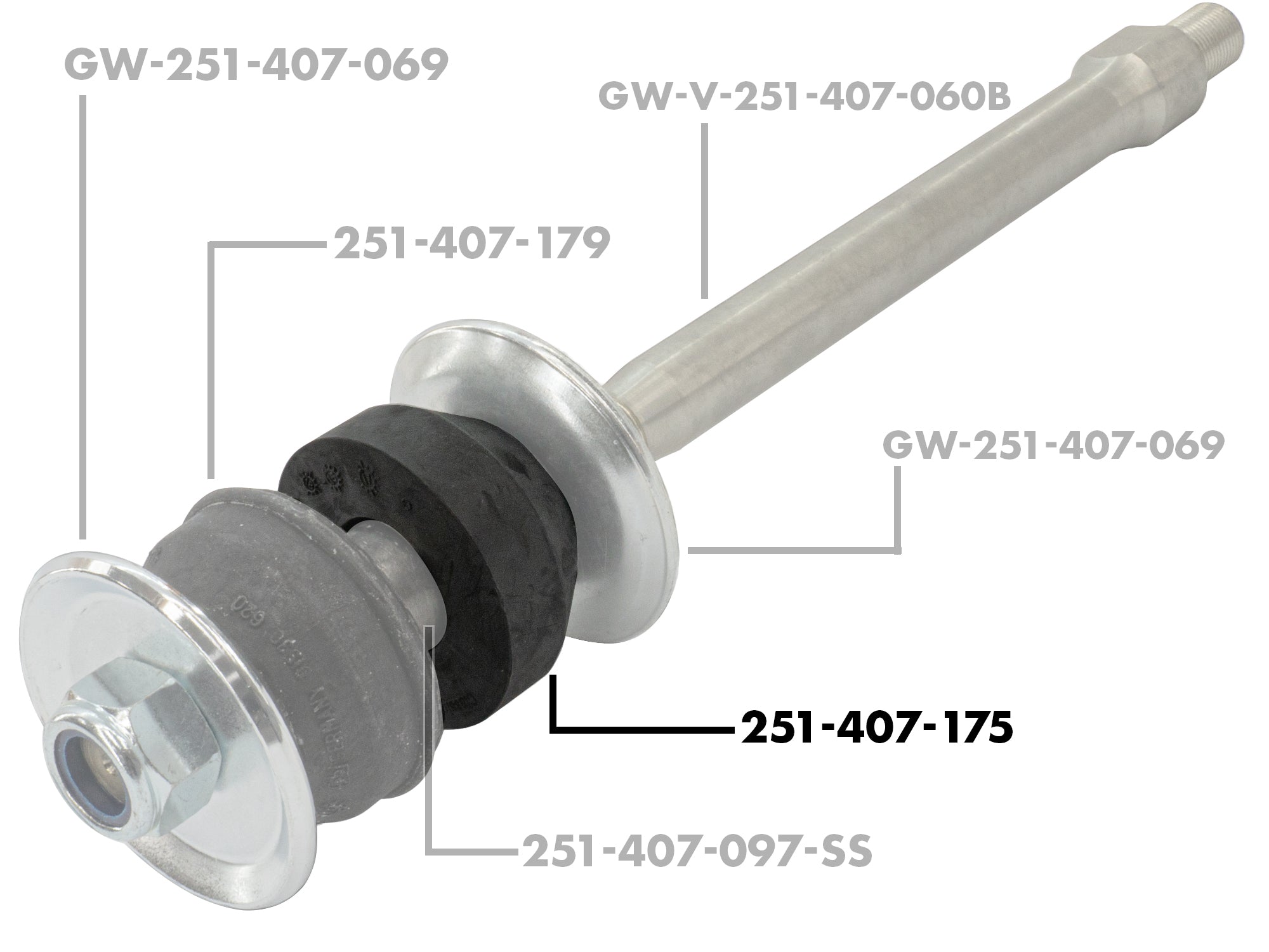 Rear radius rod bushing by GoWesty, mechanical part for vehicle suspension, shown in black with metal components.