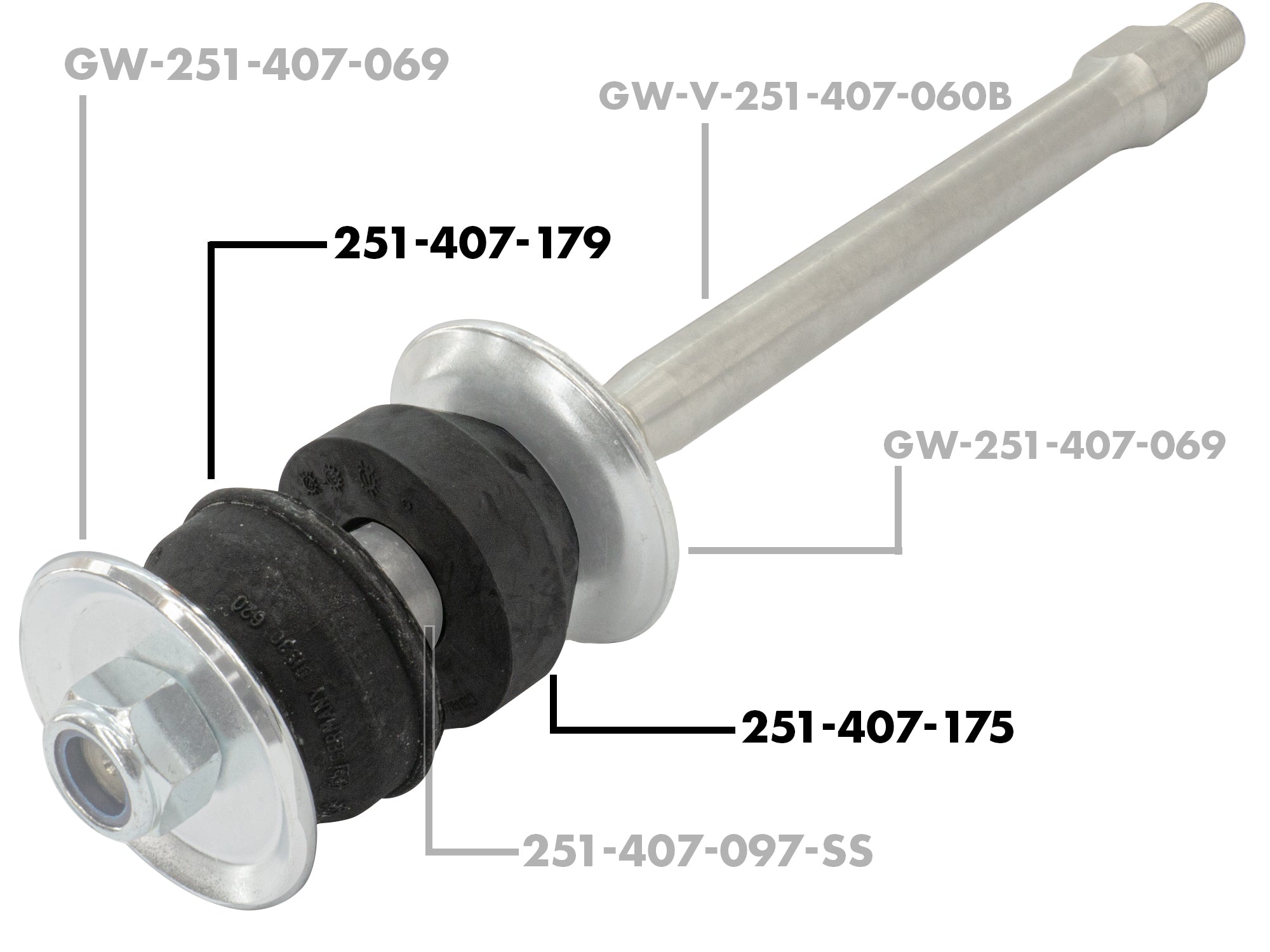 GoWesty front and rear radius rod bushing set with black rubber bushings for vehicle suspension repair.