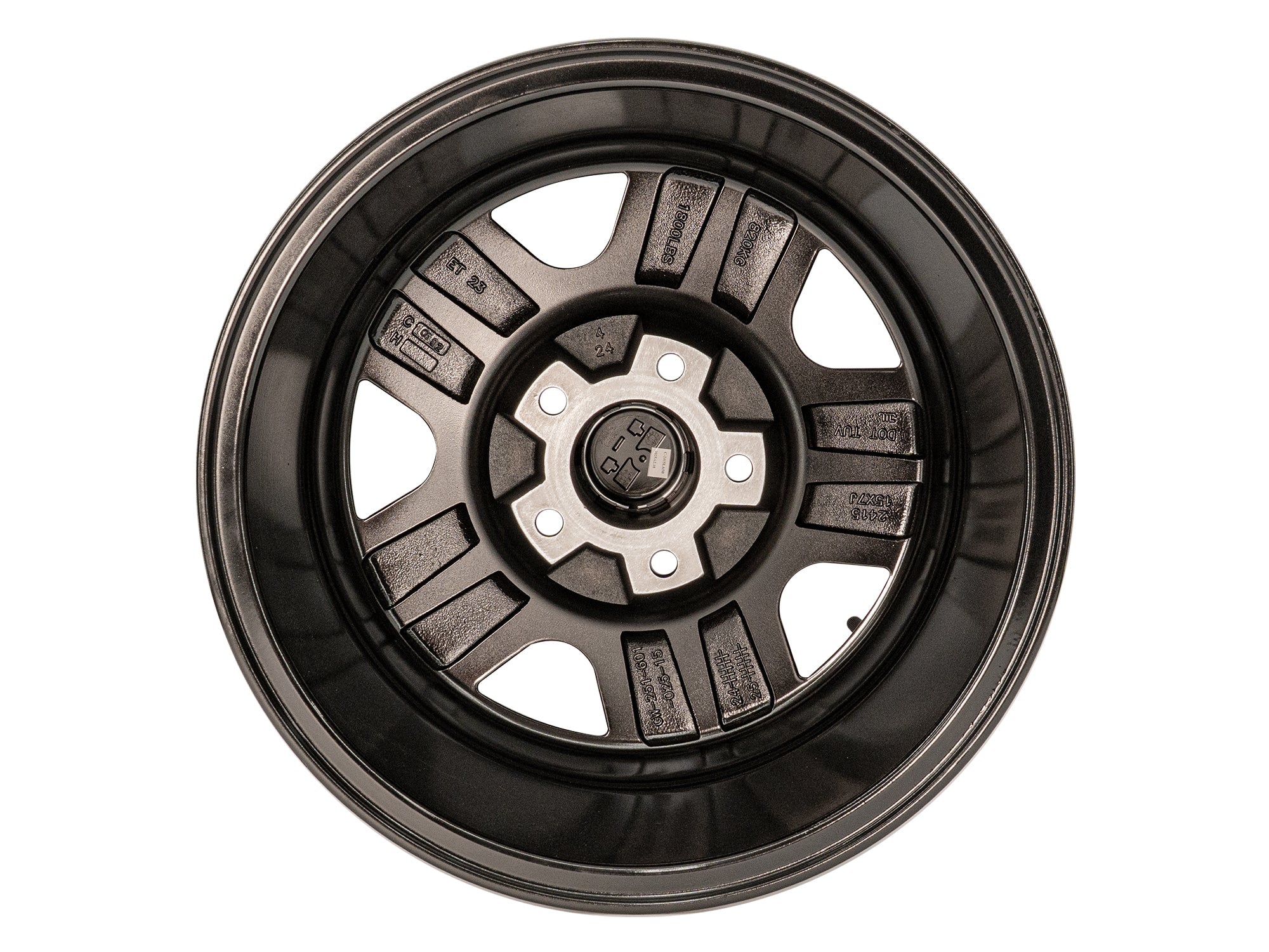 GoWesty OEM Replica Alloy Wheel bundle for Bus/Vanagon, back side view showing black finish and detailed rim design.