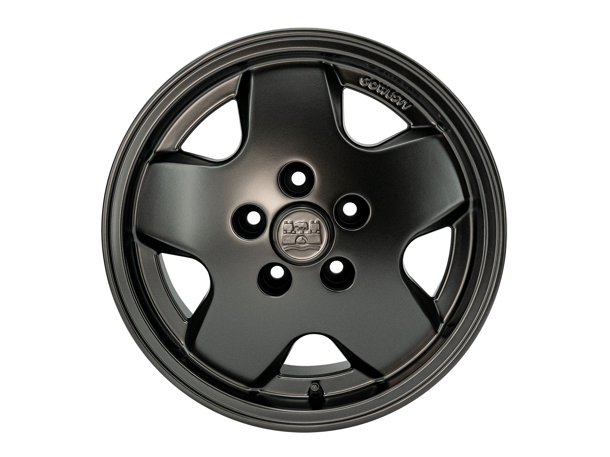 Black face GoWesty OEM replica alloy wheel for Bus/Vanagon, showing detailed close-up of the stylish wheel design.