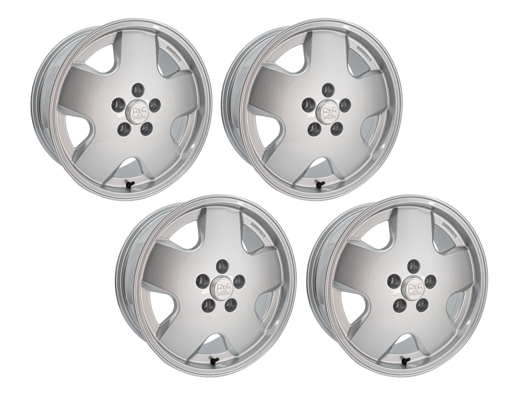GoWesty OEM replica alloy wheel bundle for Bus and Vanagon, featuring durable alloy wheels and matching tires.