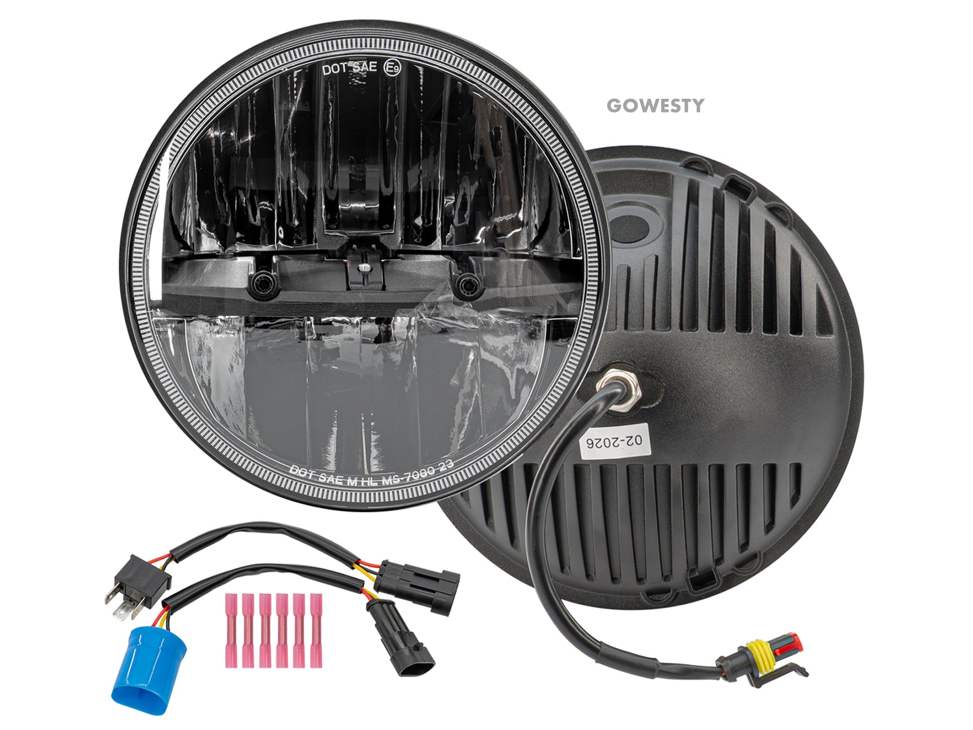 Pair of GoWesty LED headlights showing bright, energy-efficient headlights for improved visibility in a vehicle.