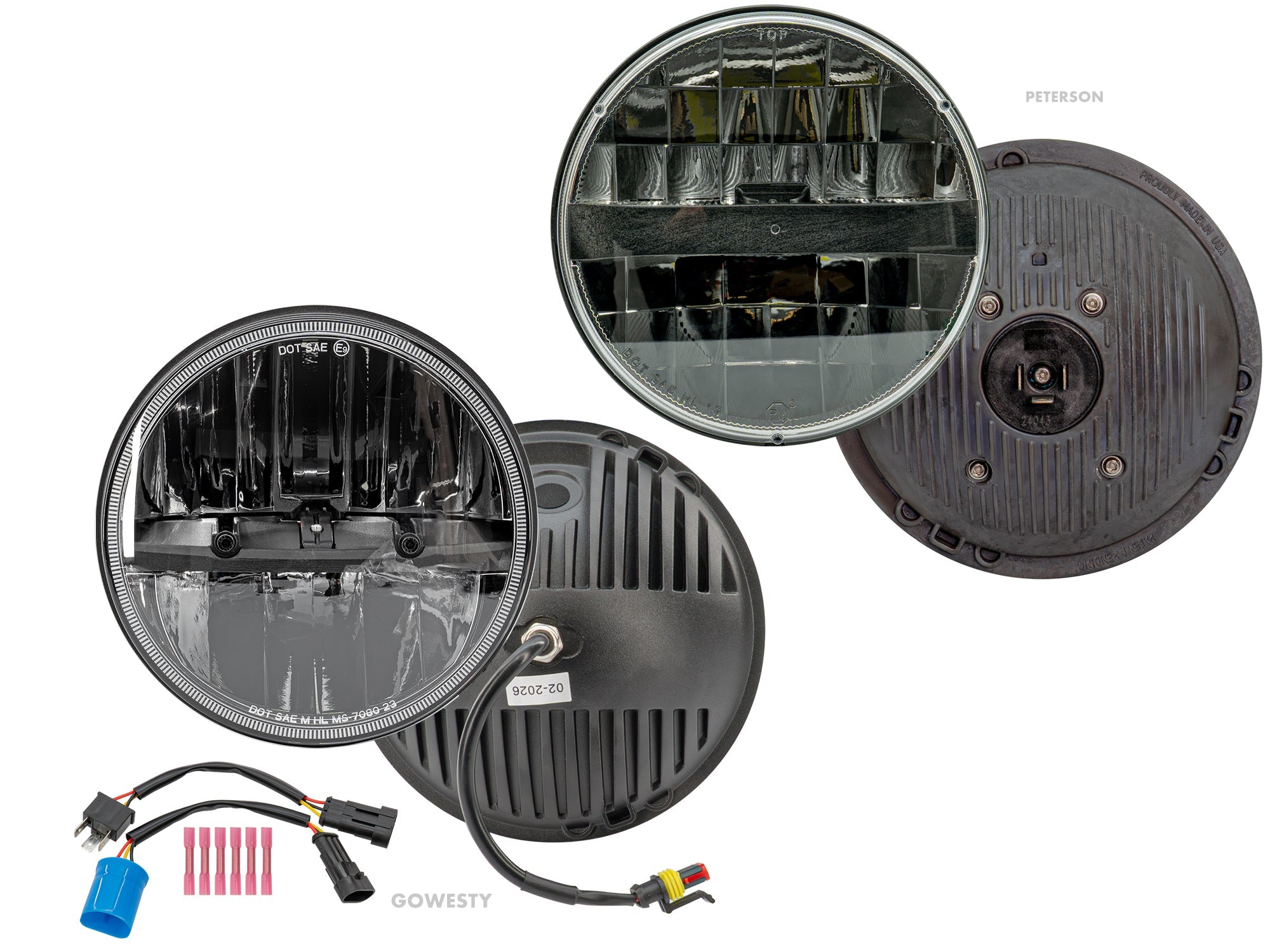Pair of GoWesty LED Headlights showing sleek design and bright illumination for improved vehicle visibility.