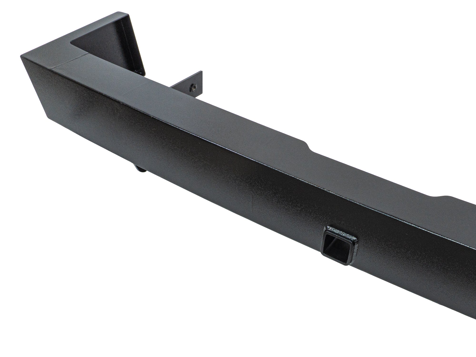 GoWesty steel rear bumper with hitch for 1980-91 Vanagon, sturdy metal construction, detailed view of the bumper and hitch attachment.