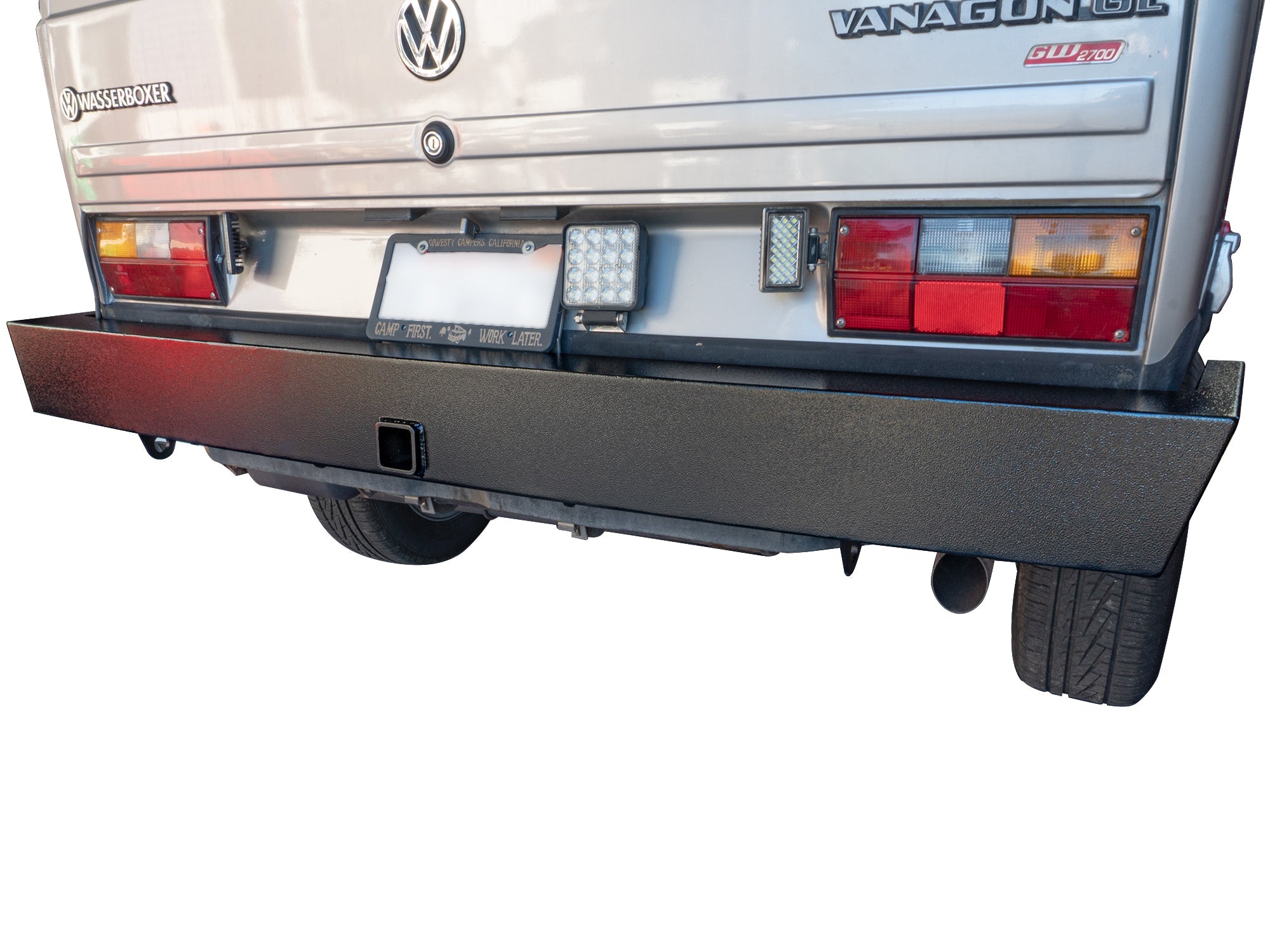 GoWesty steel rear bumper with hitch installed on a 1980-91 Vanagon, durable vanagon part for added protection and towing.
