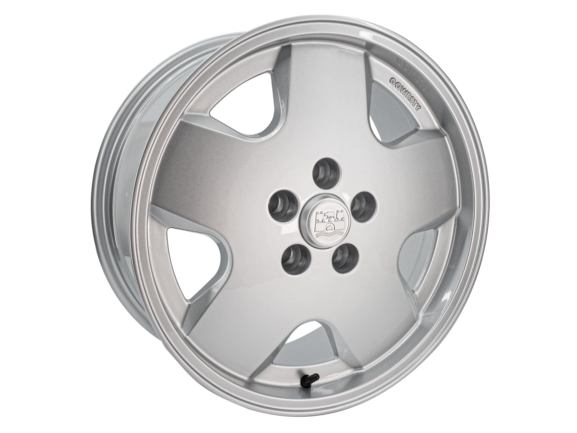 GoWesty OEM replica alloy wheel bundle for Bus and Vanagon, angled view showing smooth silver finish and wheel design.