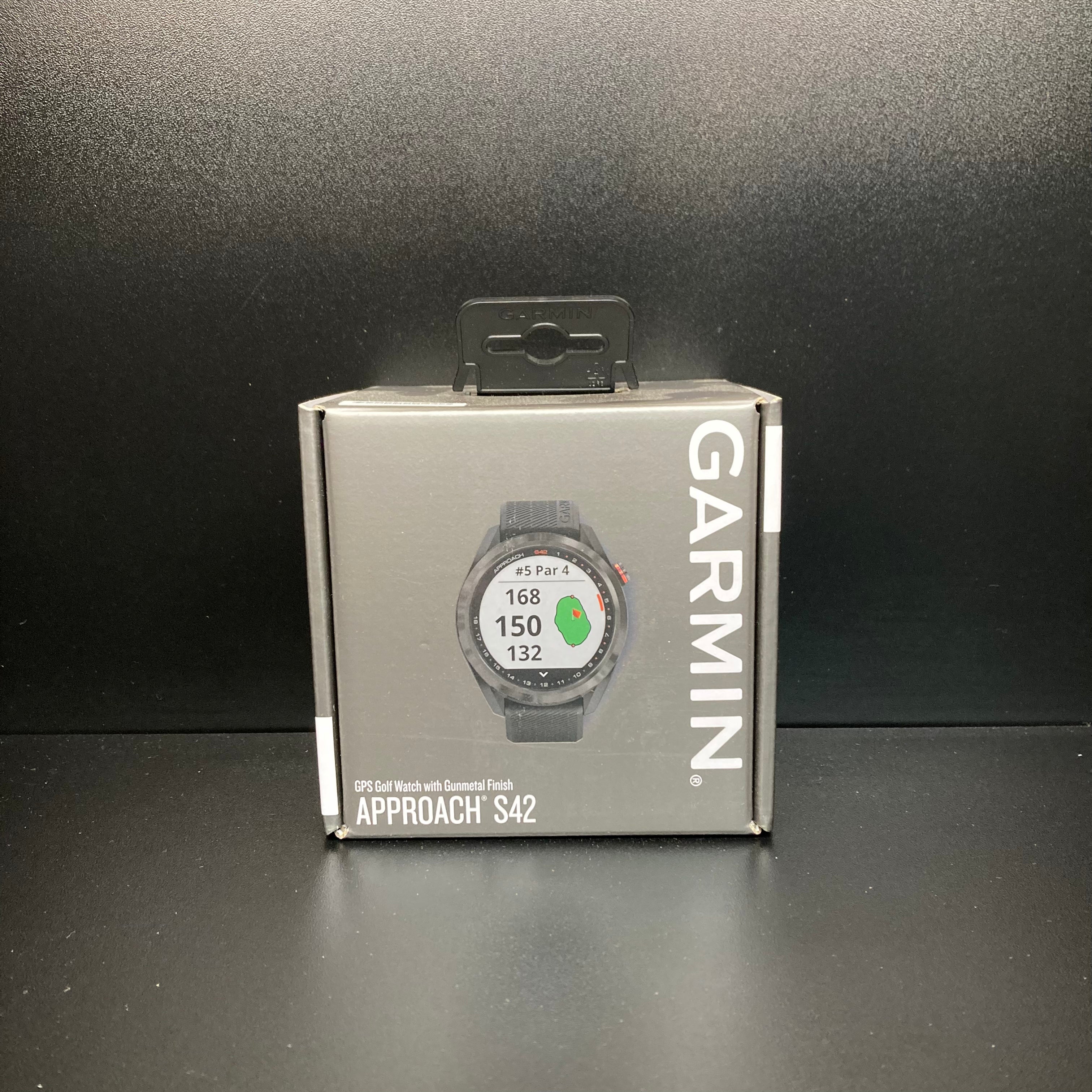 Garmin S42 watch from ParWestGolf featuring a digital display, sporty design, and multiple function buttons on a black band.