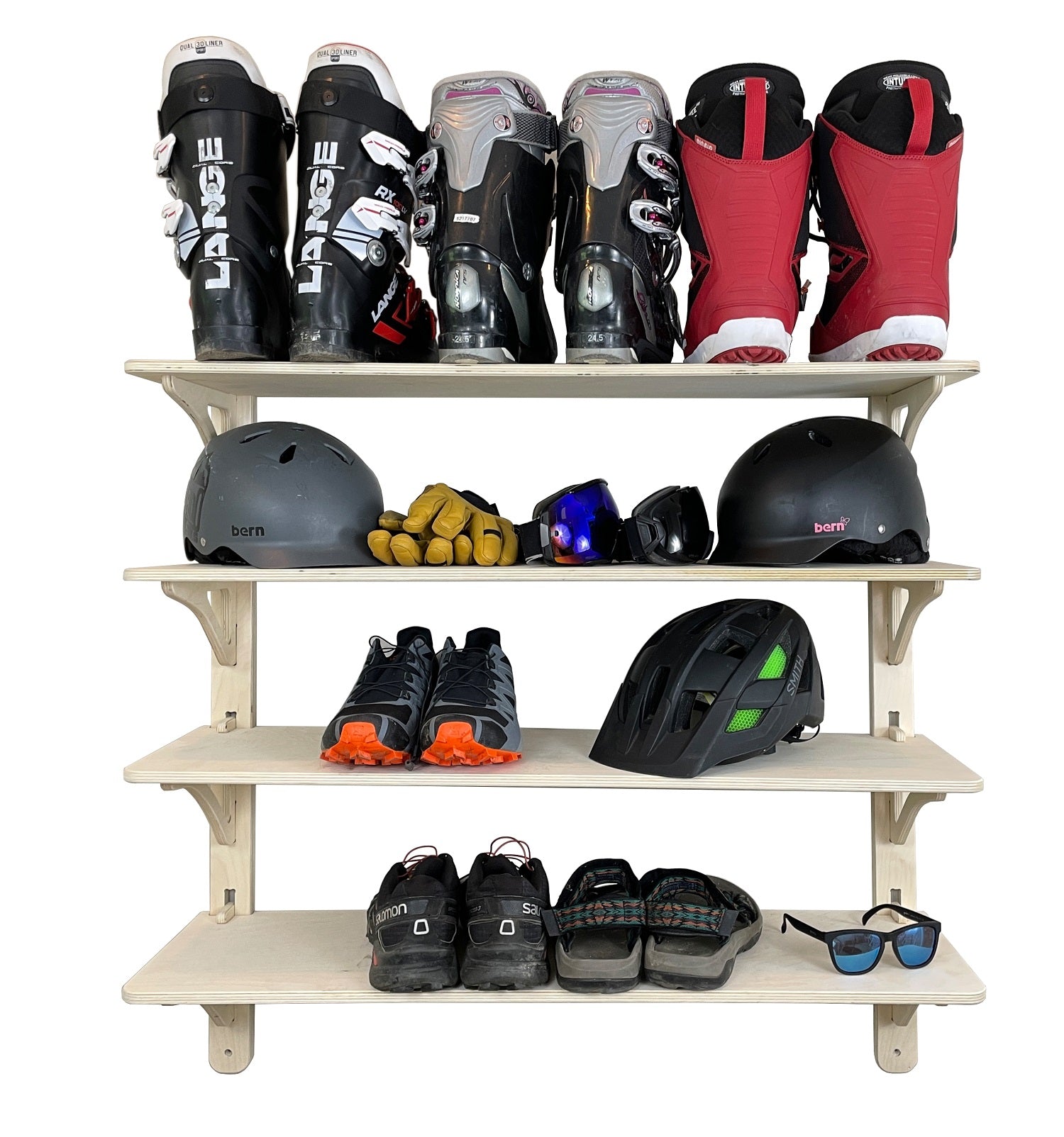 Rado Racks Gear Station storage shelf featuring a robust ski boot rack for organized winter sports gear.